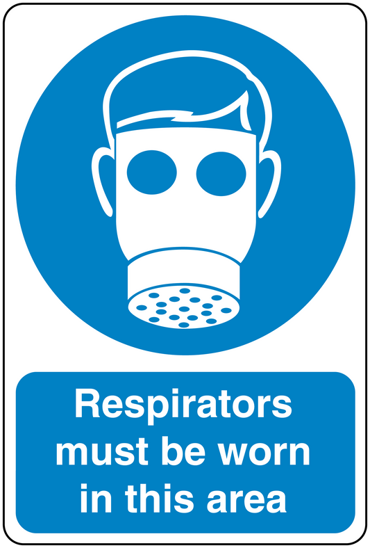 Safety sign sticker: respirators must be worn in this area, mask icon in blue