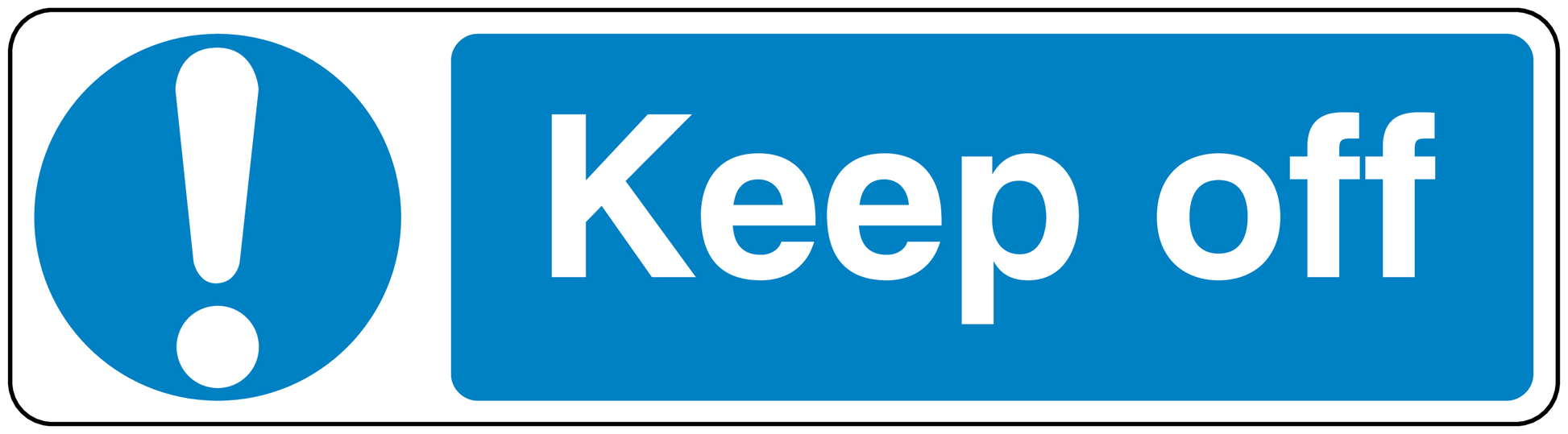 Safety sign sticker with blue exclamation icon and text 'Keep off'