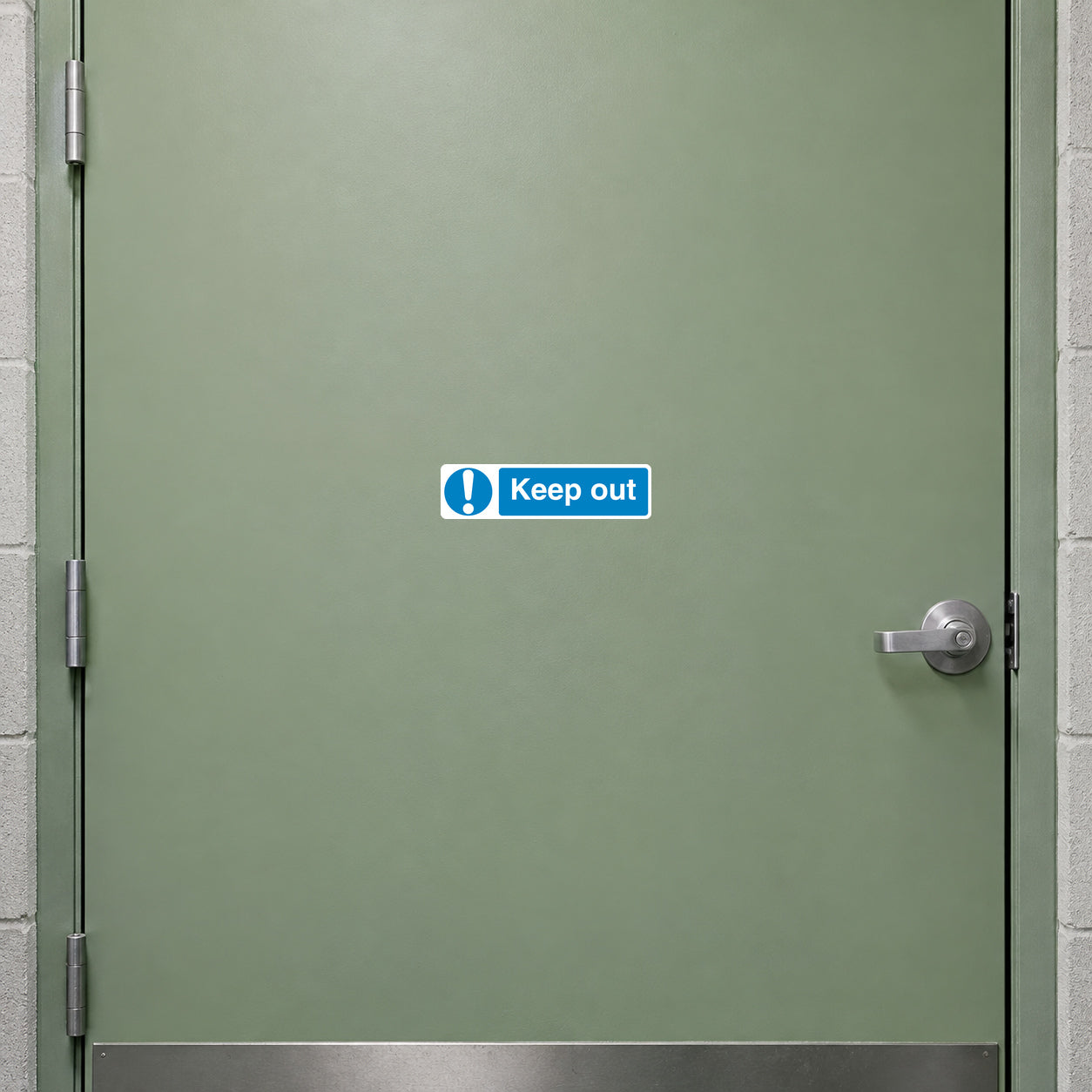 Blue safety sign sticker with exclamation and text "Keep out" on a door