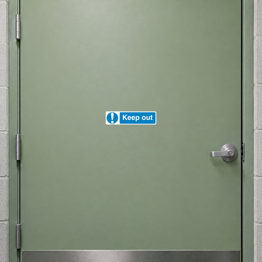 Blue safety sign sticker with exclamation and text "Keep out" on a door