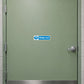 Blue safety sign sticker with exclamation and text "Keep out" on a door