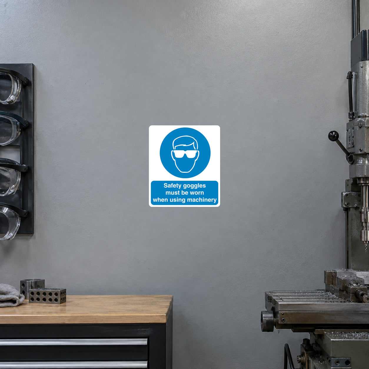 Safety sign sticker: blue goggles icon on white square with small warning text