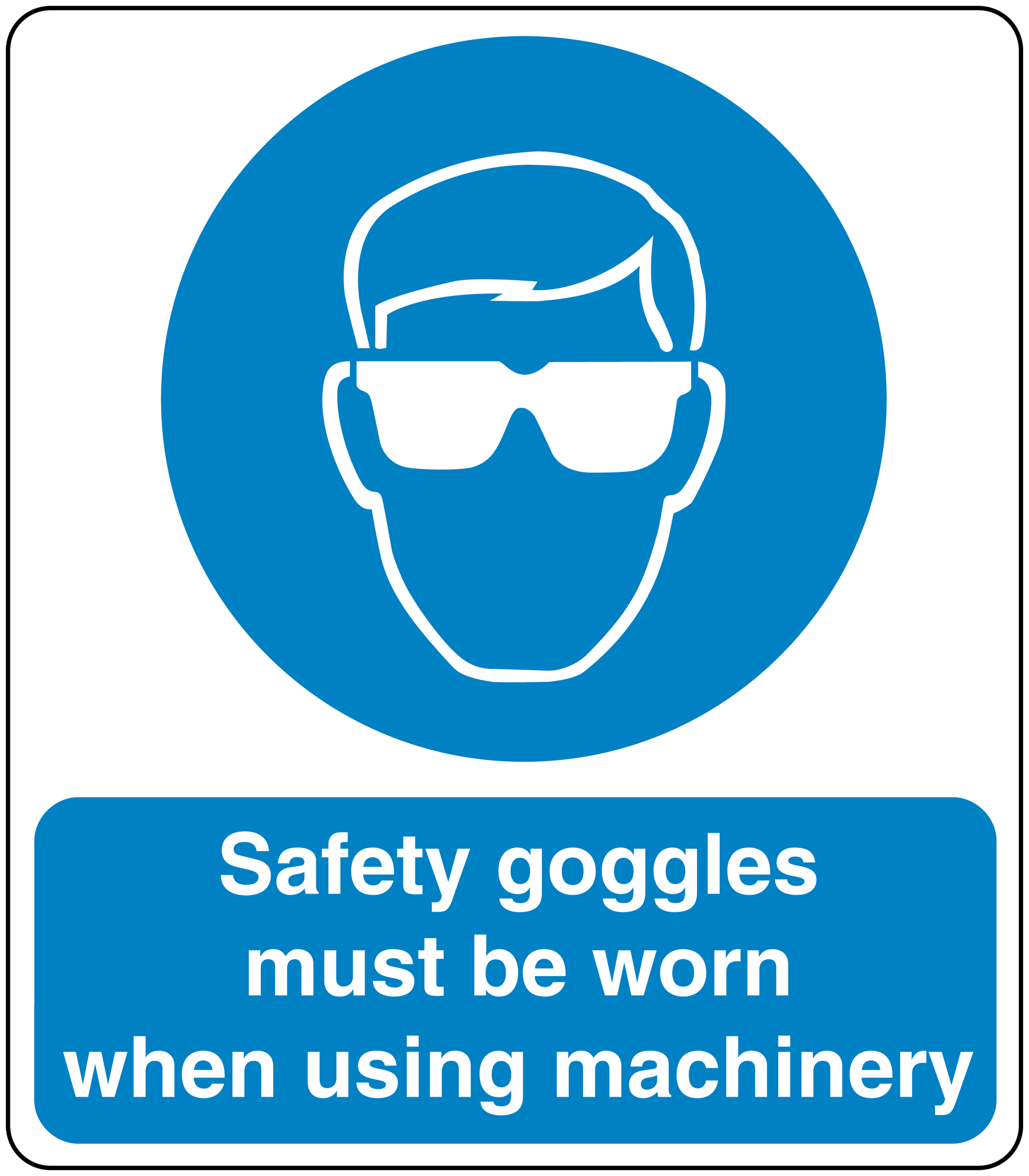 Safety sign sticker with blue goggles icon and text: must be worn when using machinery