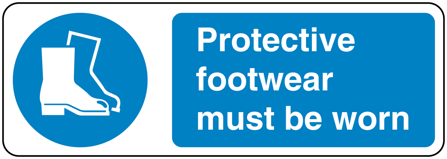 Safety sign sticker with blue footwear icon and text: Protective footwear must be worn
