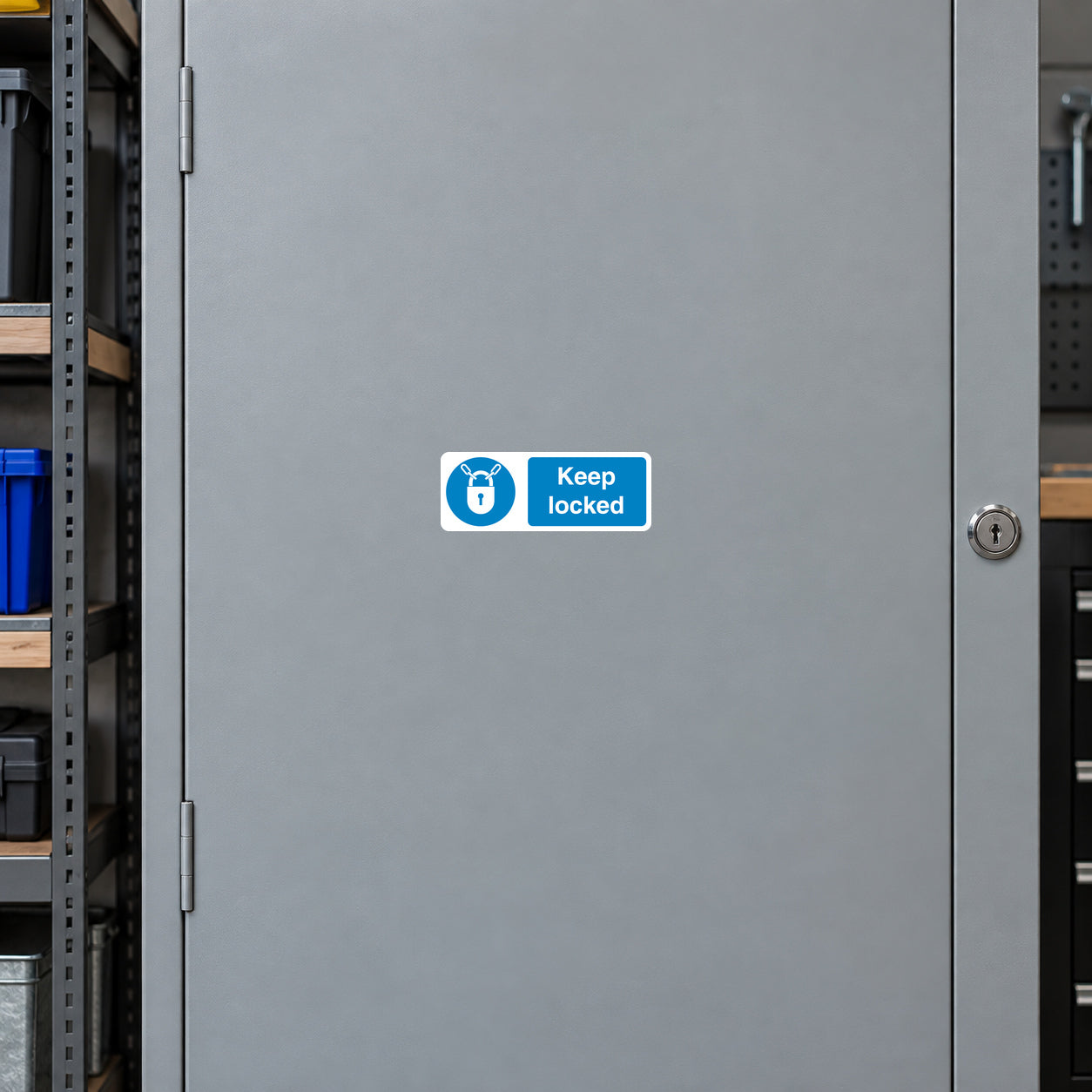 Safety sign sticker with blue icon and text 'Keep locked'