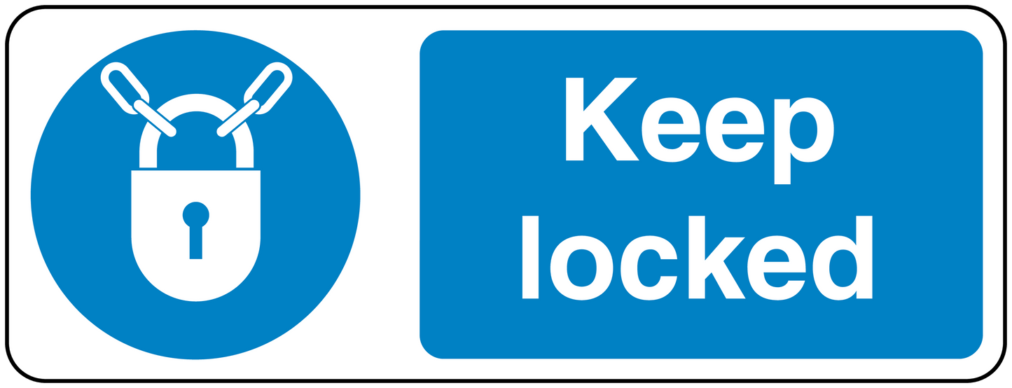 Safety sign sticker with blue lock icon and text 'Keep locked'.