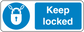 Safety sign sticker with blue lock icon and text 'Keep locked'.