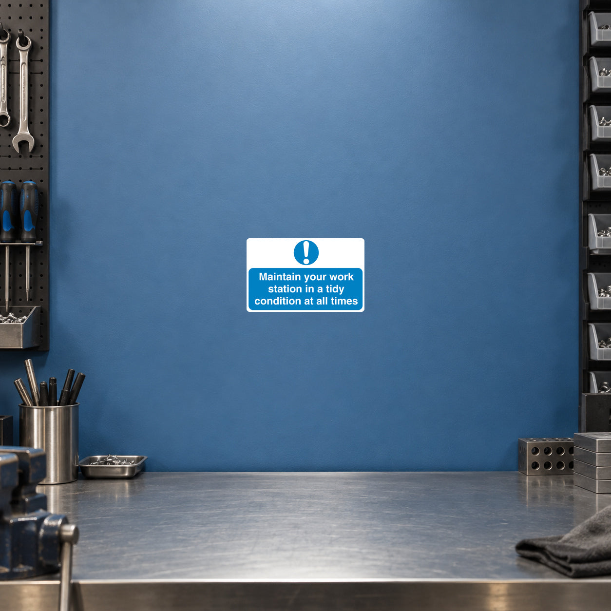 Safety sign sticker, blue and white rectangular warning with exclamation and maintenance text