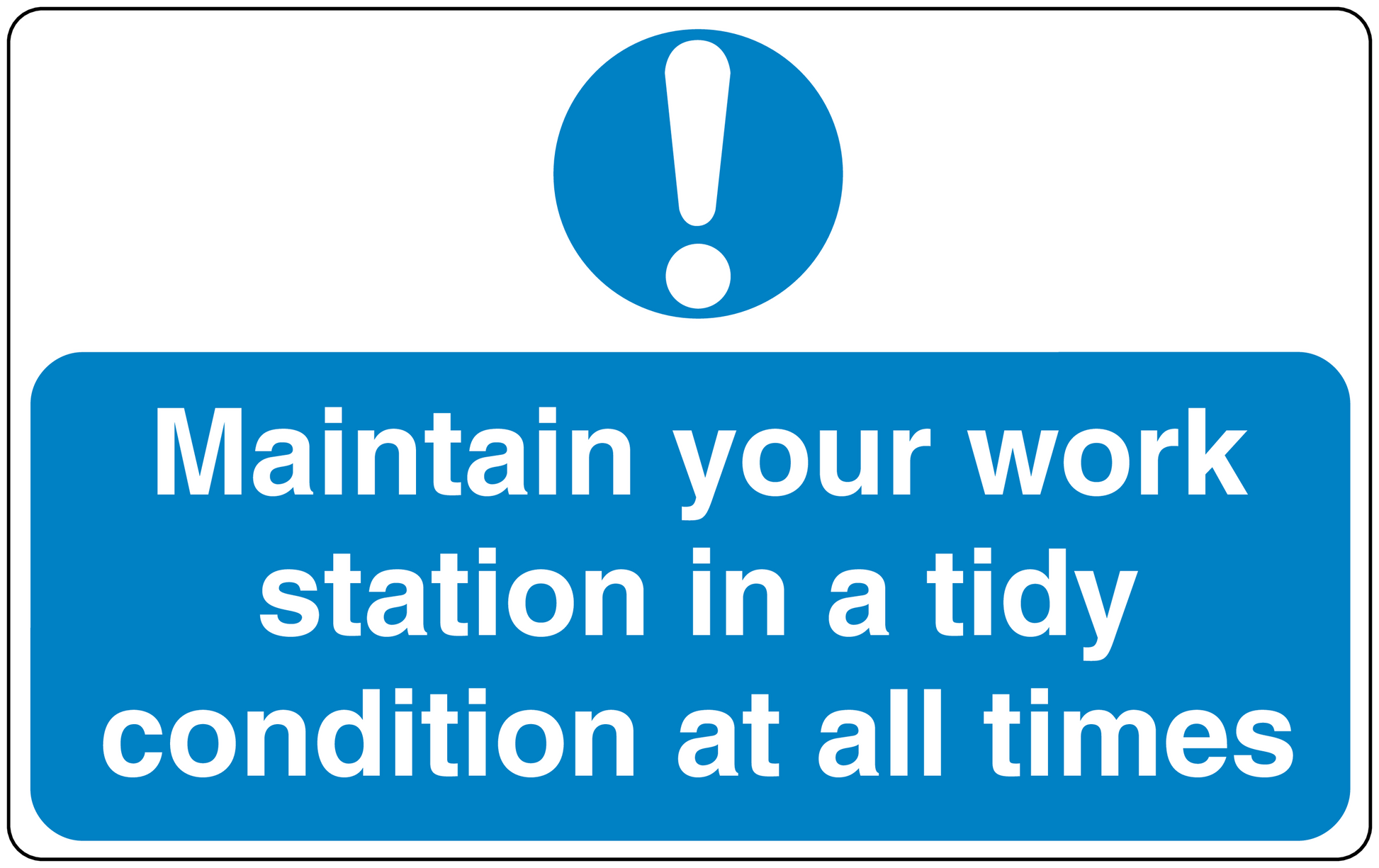Safety sign sticker with blue background, white text, and exclamation icon