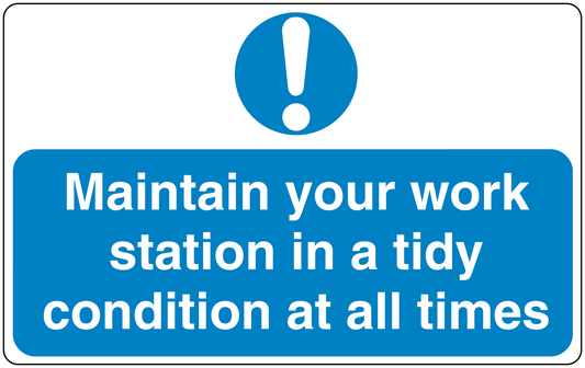 Safety sign sticker with blue background, white text, and exclamation icon