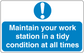 Safety sign sticker with blue background, white text, and exclamation icon