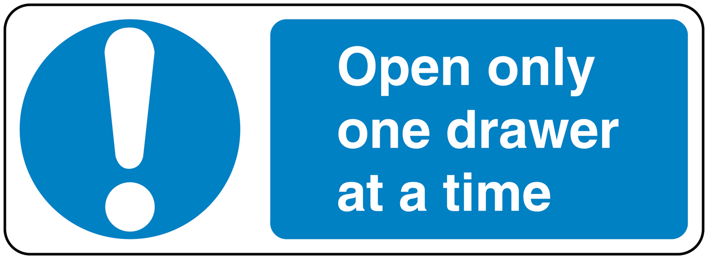 Safety sign sticker with warning text: Open only one drawer at a time