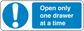 Safety sign sticker with warning text: Open only one drawer at a time