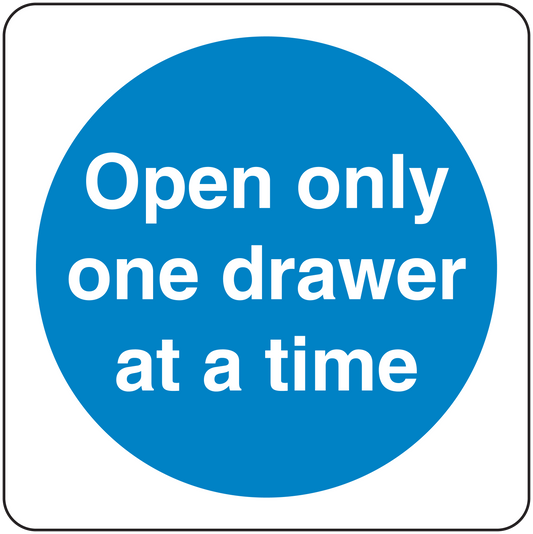 Safety sign sticker with blue circle and white text: Open only one drawer at a time