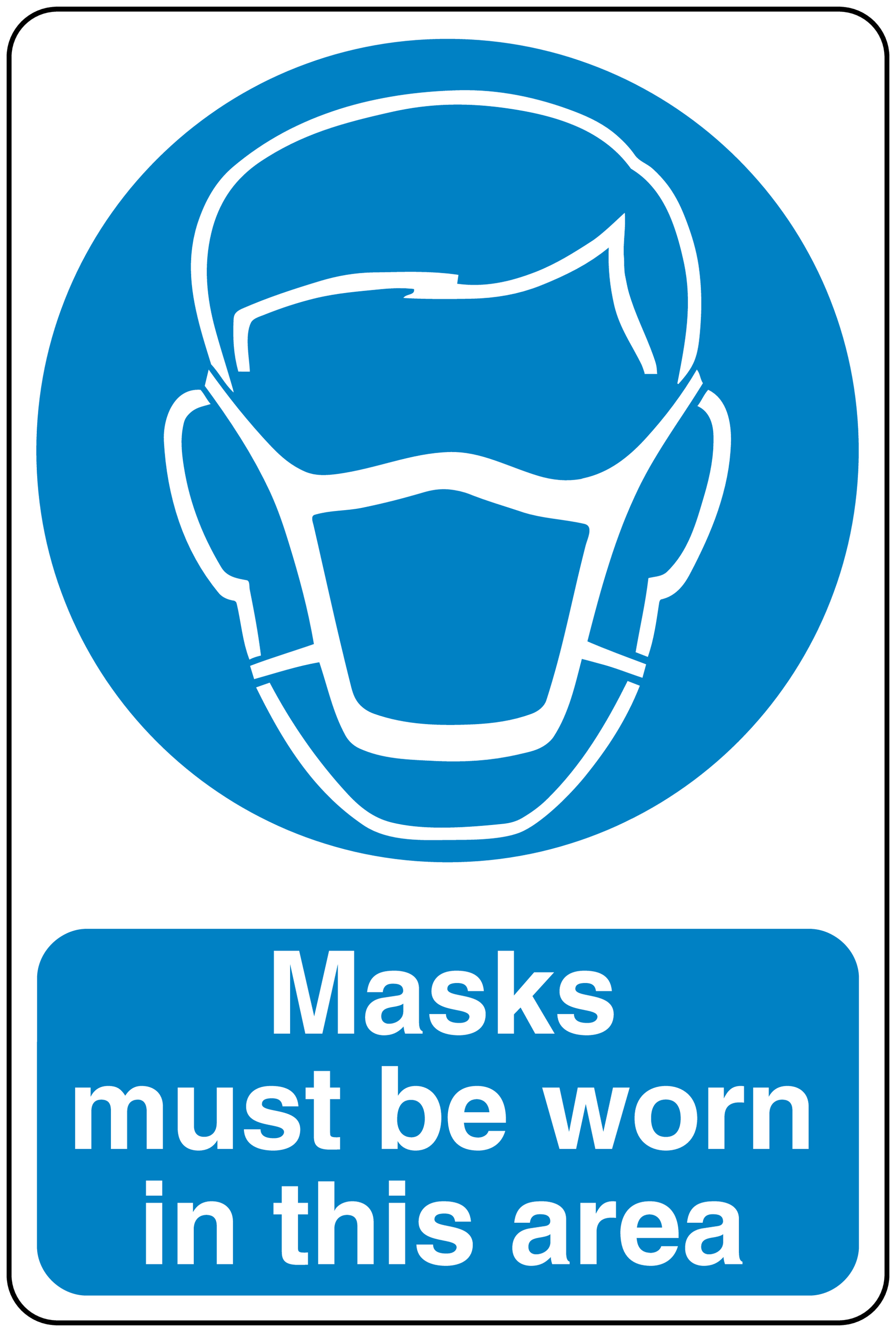 Safety sign sticker with mask icon and 'Masks must be worn in this area'