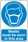 Safety sign sticker with mask icon and 'Masks must be worn in this area'