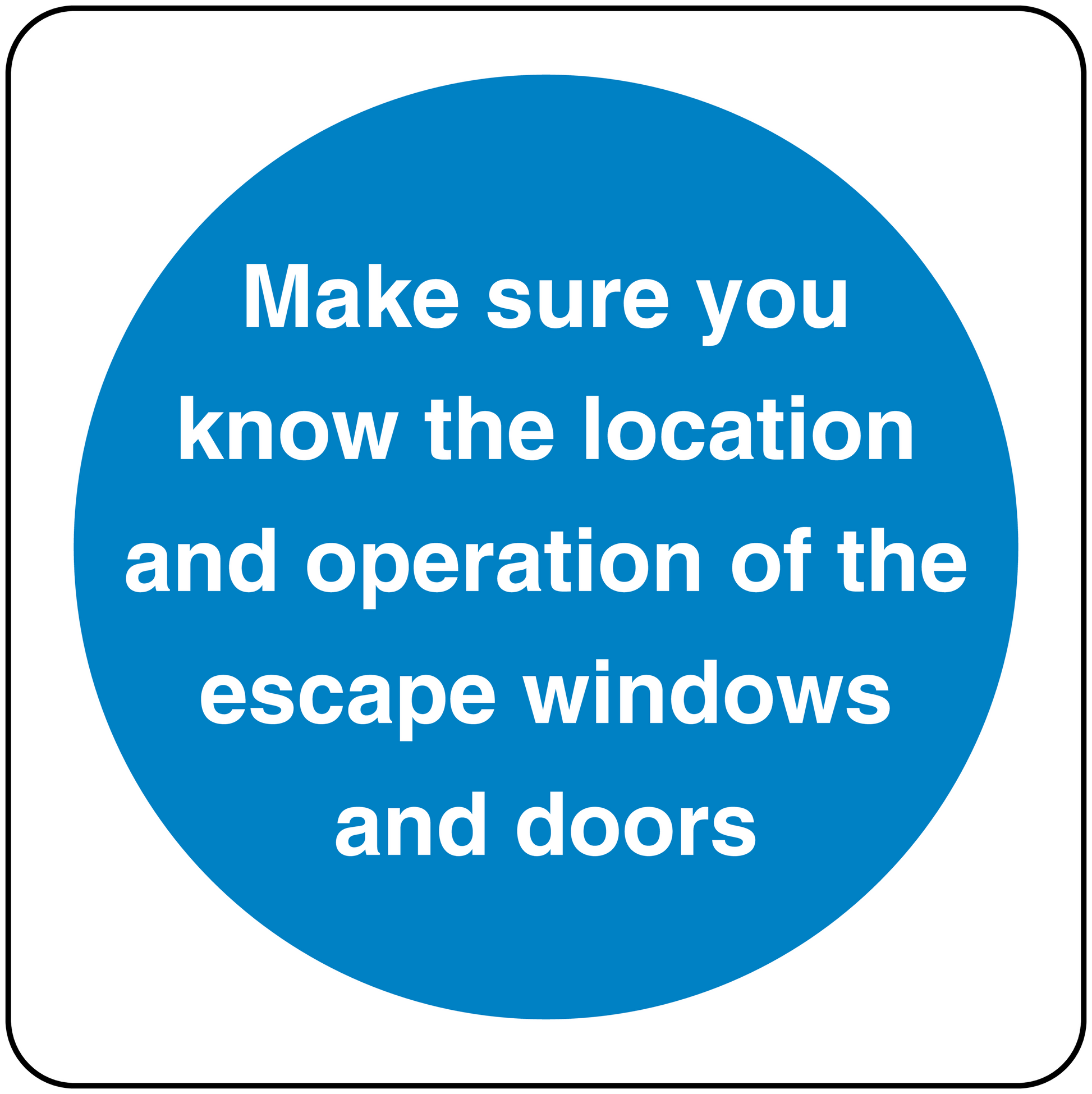 Safety sign sticker with blue circle and white text: escape windows and doors