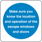 Safety sign sticker with blue circle and white text: escape windows and doors