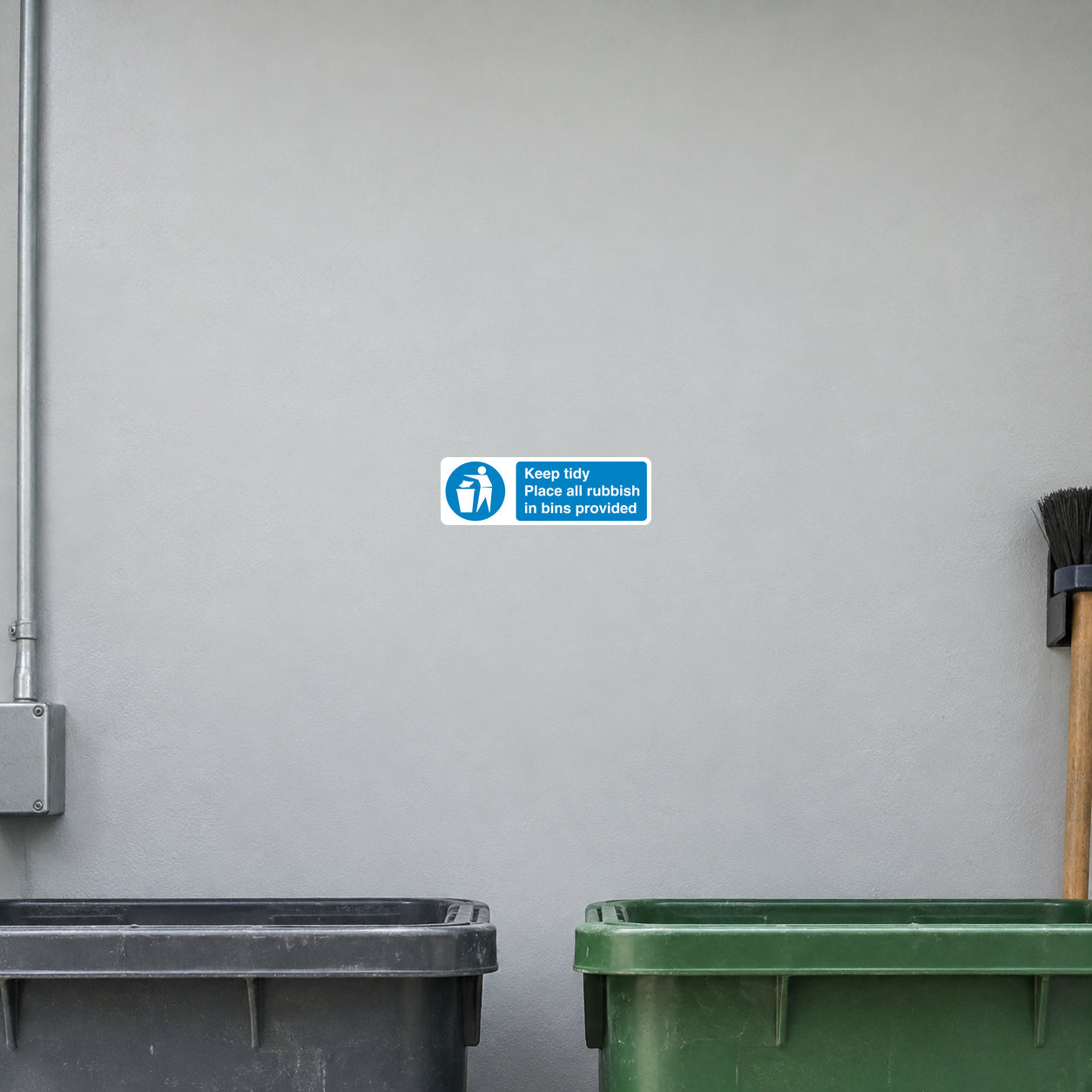 Safety sign sticker, blue rectangle with white cleaning icon and "Keep tidy" text