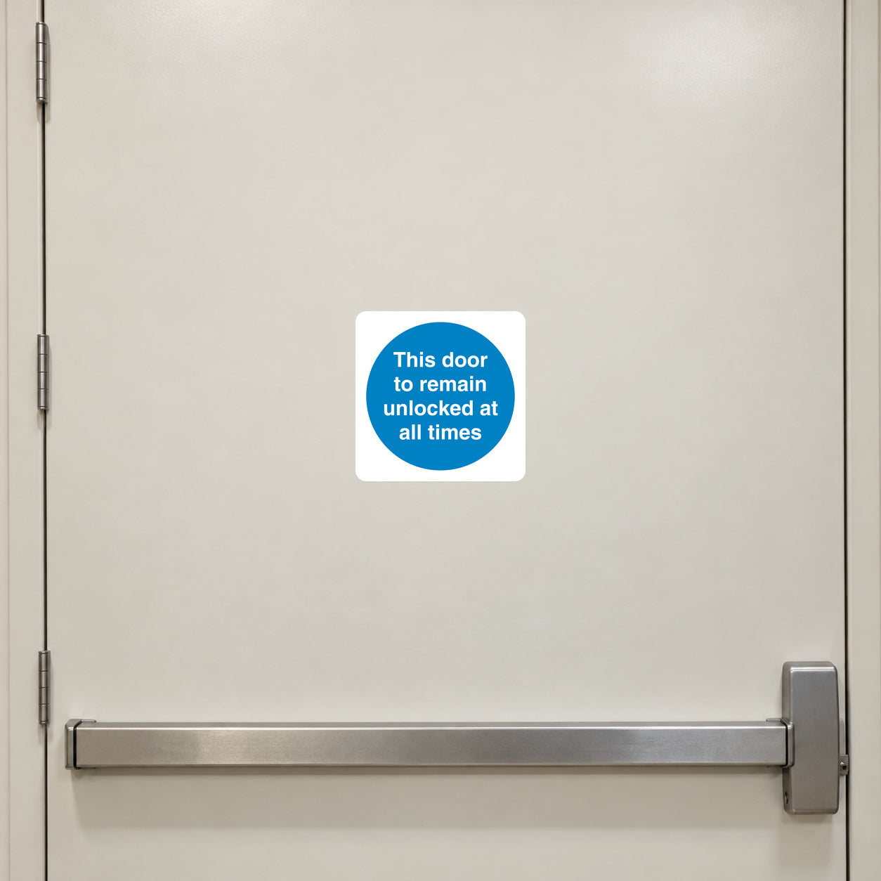 Safety sign sticker with blue circular notice and white text on square backing