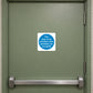Safety sign sticker with blue warning text about unlocking when premises are occupied