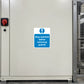 Safety sign sticker: Stop machine before removing guards, blue warning exclamation icon