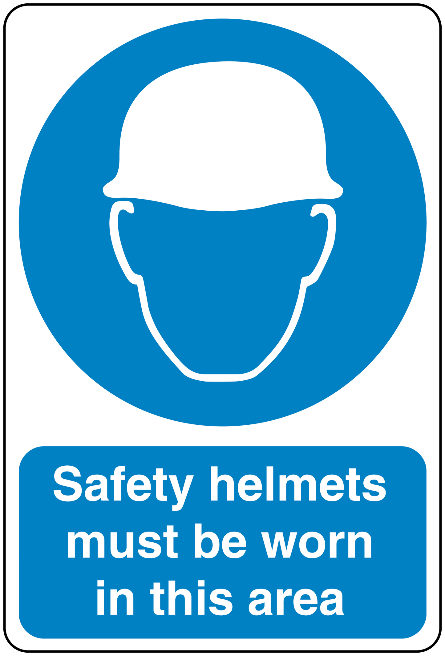 Safety sign sticker with blue helmet icon and text: Safety helmets must be worn in this area