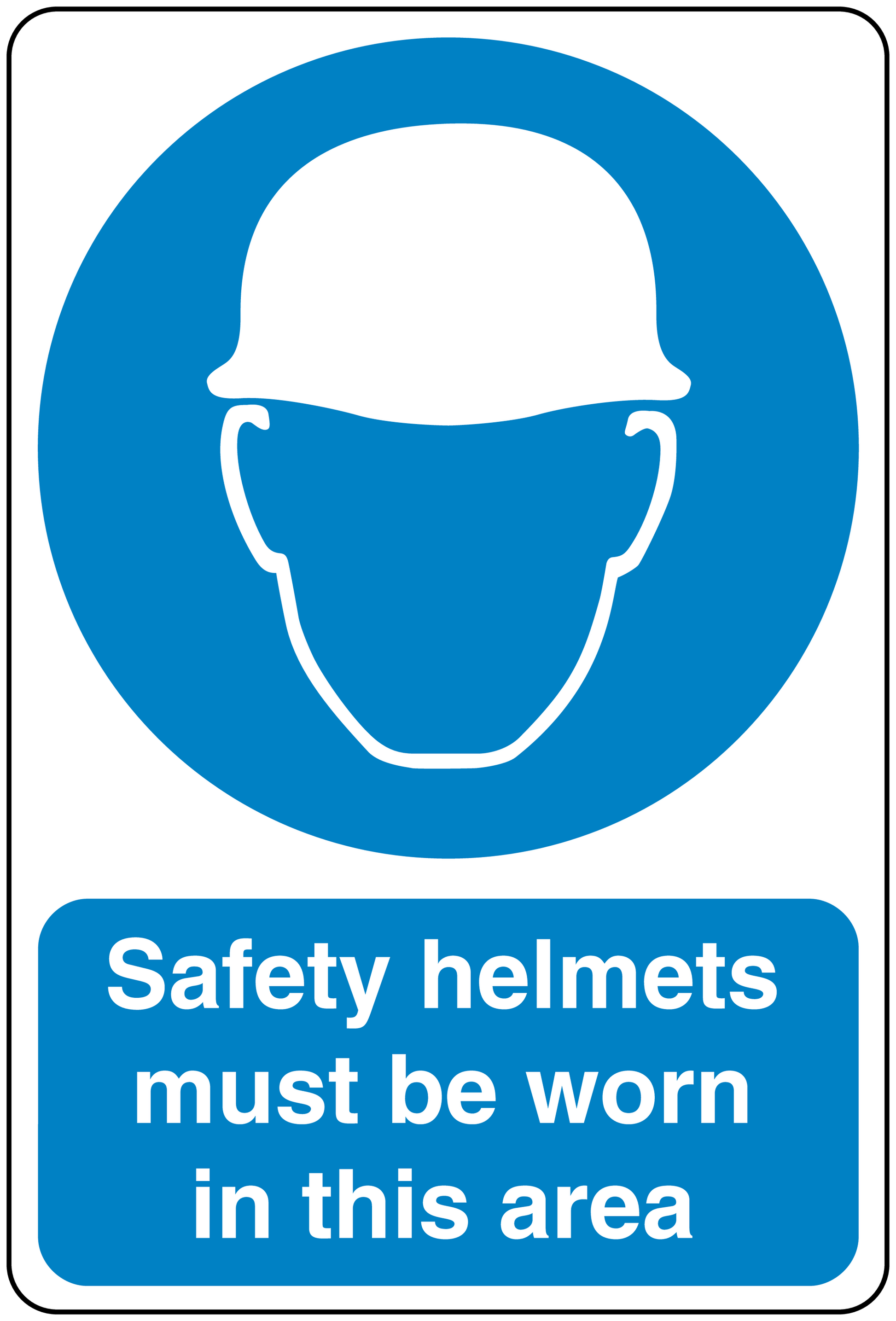Safety sign sticker with blue helmet icon and text: Safety helmets must be worn in this area