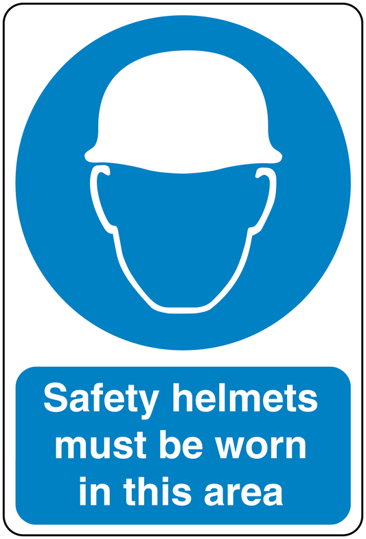 Safety sign sticker with blue helmet icon and text: Safety helmets must be worn in this area