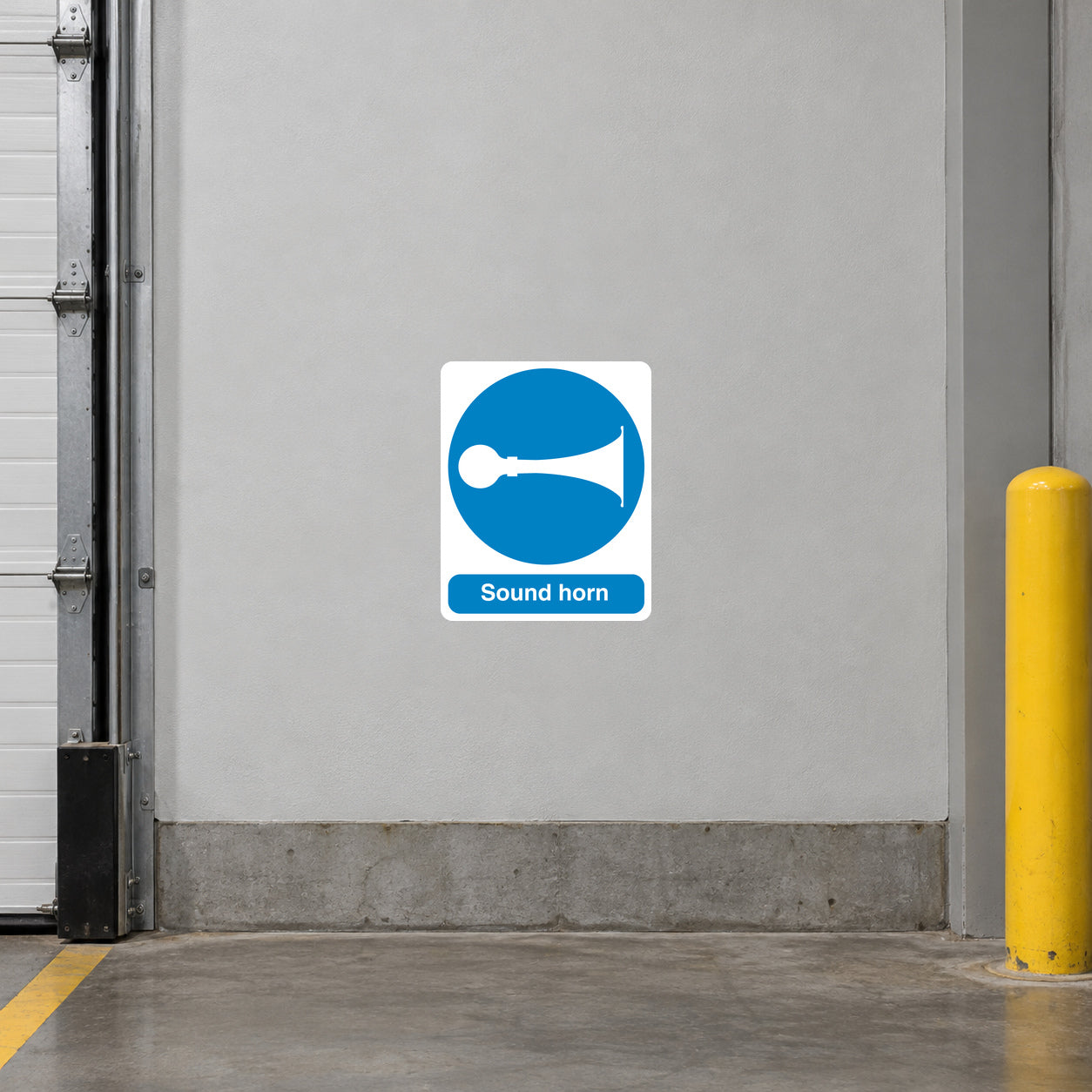 Square safety sign sticker with blue sound horn speaker icon and text