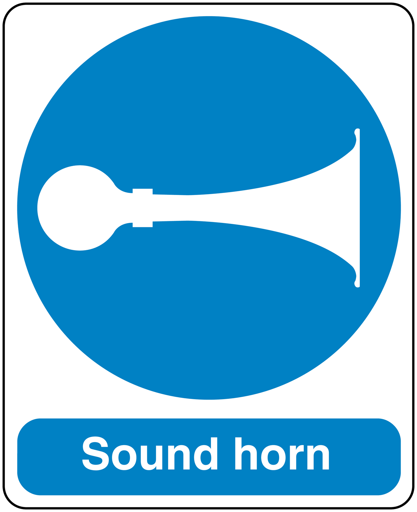 Safety sign sticker with blue horn sound warning and bell icon