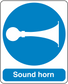 Safety sign sticker with blue horn sound warning and bell icon