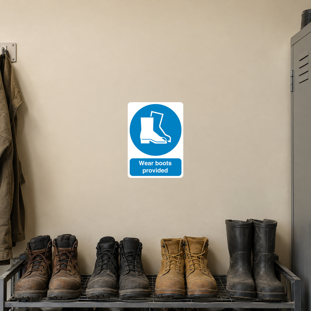Safety Sign Sticker applied in a smooth pale tan wall above a rack of workplace protective boots, boots entirely below y85 and locker edge extreme right