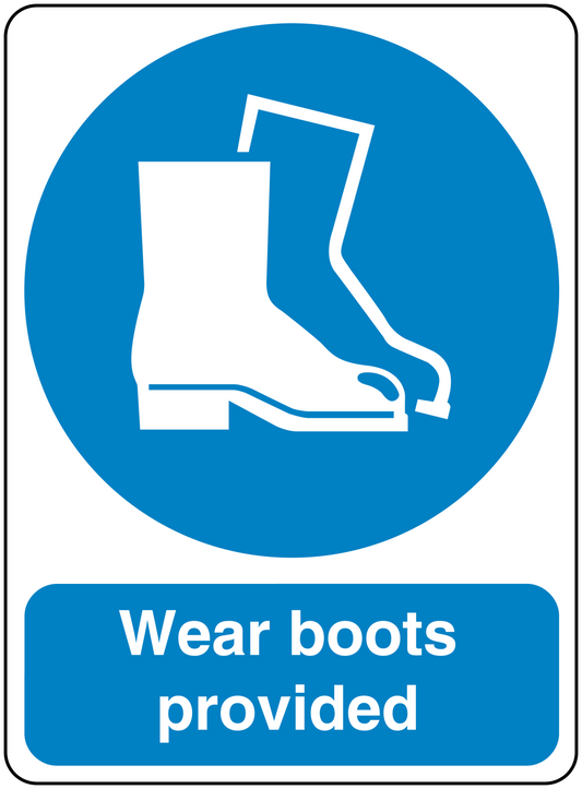Safety sign sticker: blue boot icon with 'Wear boots provided'.