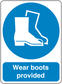 Safety sign sticker: blue boot icon with 'Wear boots provided'.