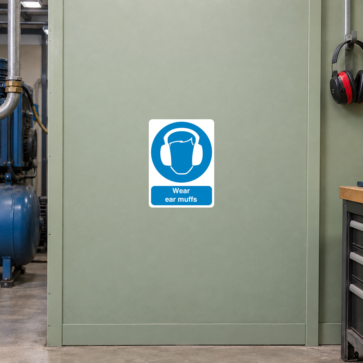 Safety sign sticker: blue square ear muff warning with helmet icon, reads 'Wear ear muffs'.