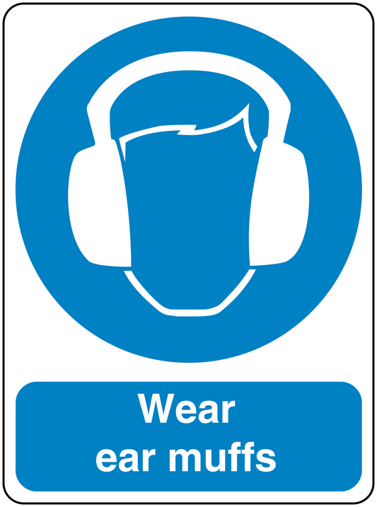 Safety sign sticker with ear muffs icon and text Wear ear muffs