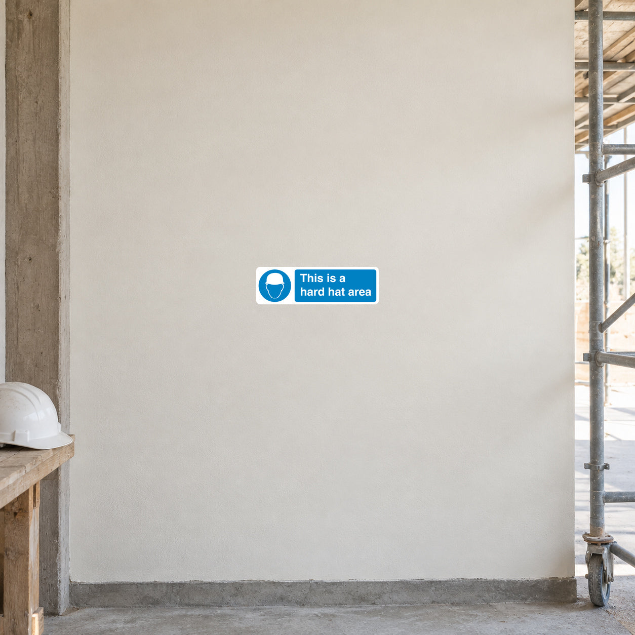 Hard hat area safety sign sticker with blue text and hard hat icon