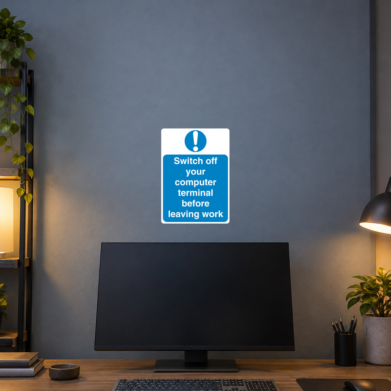 Safety sign sticker: switch off your computer terminal before leaving work