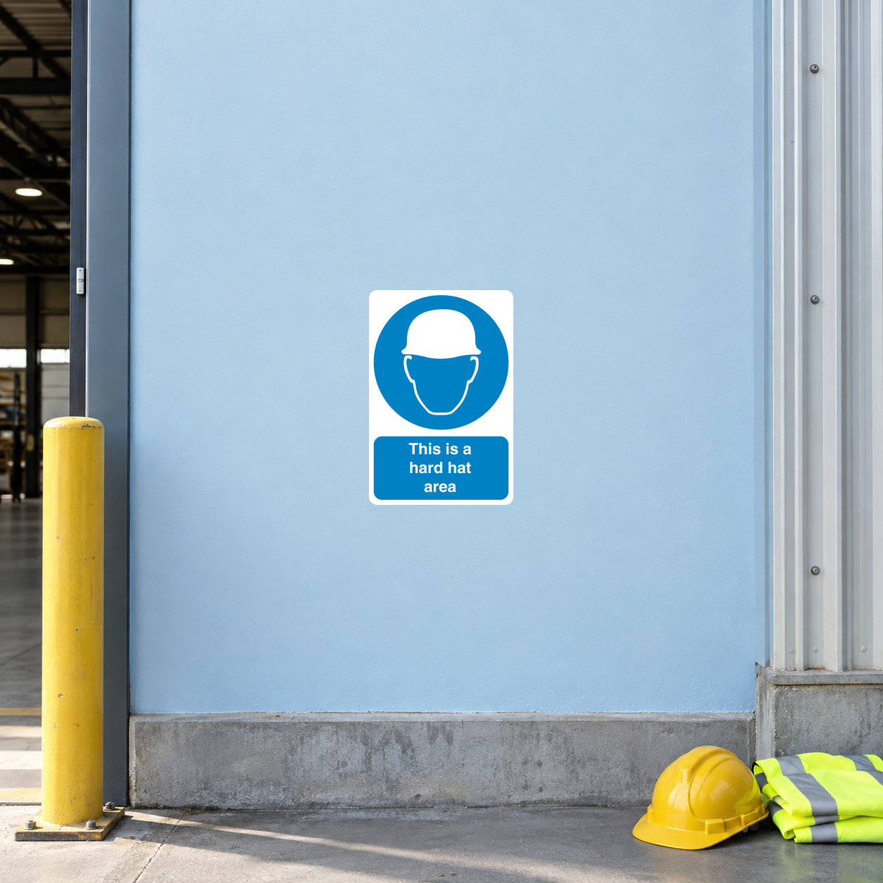 Safety sign sticker: blue hard hat icon with 'This is a hard hat area' text