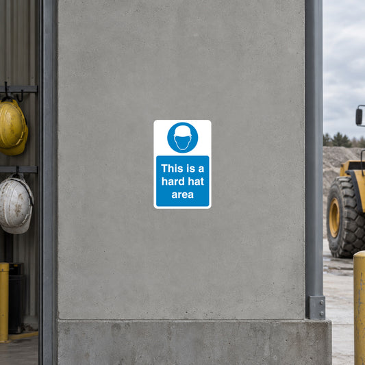 Hard hat area safety sign sticker with blue helmet icon and 'This is a hard hat area'