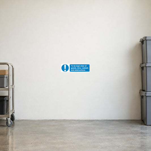 Safety sign sticker with blue warning icon: kept clear of goods, bins, rubbish.