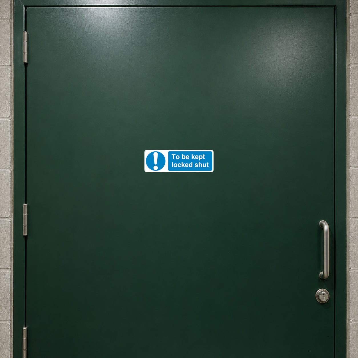 Blue safety sign sticker reading "To be kept locked shut"