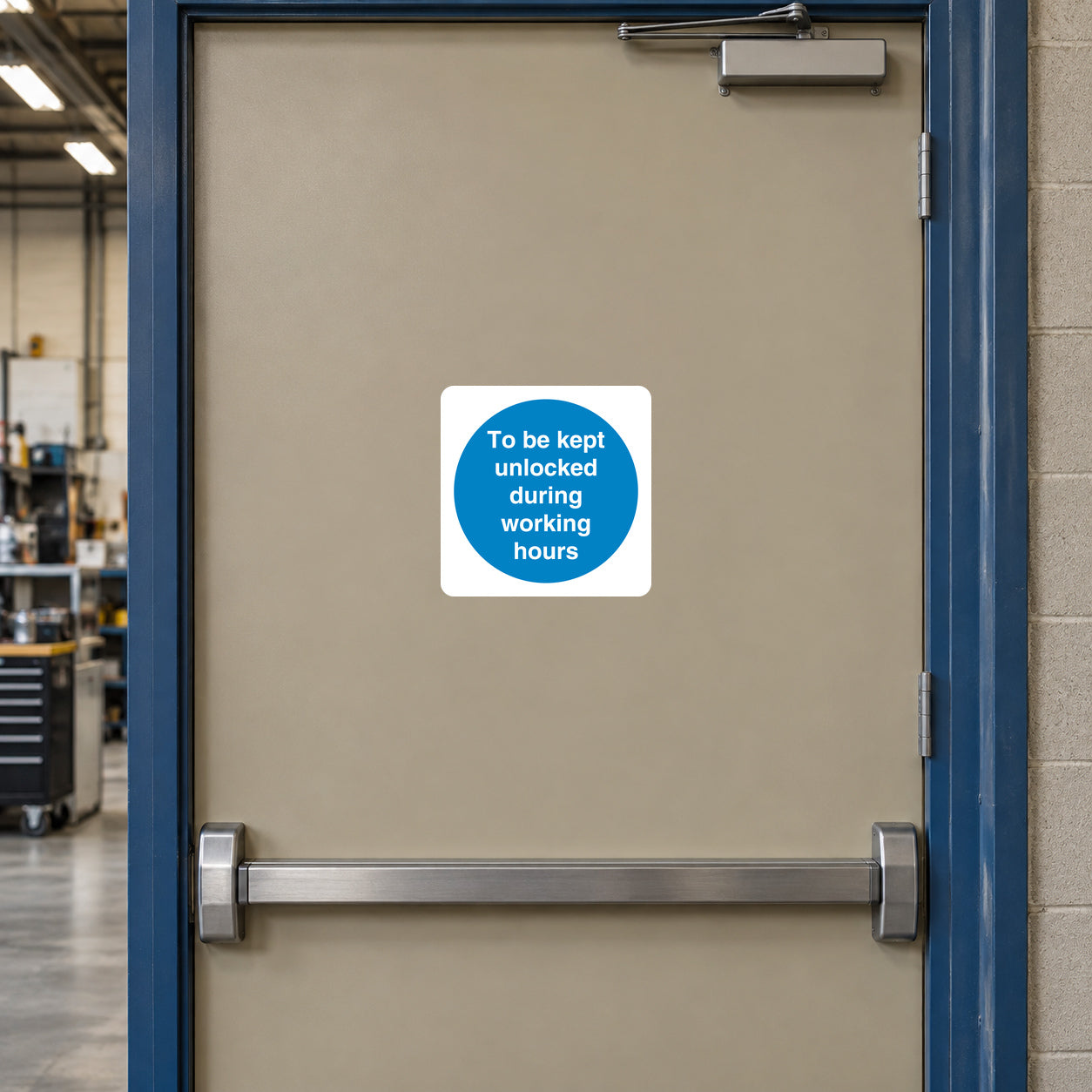 Safety sign sticker: 'To be kept unlocked during working hours' in blue on white