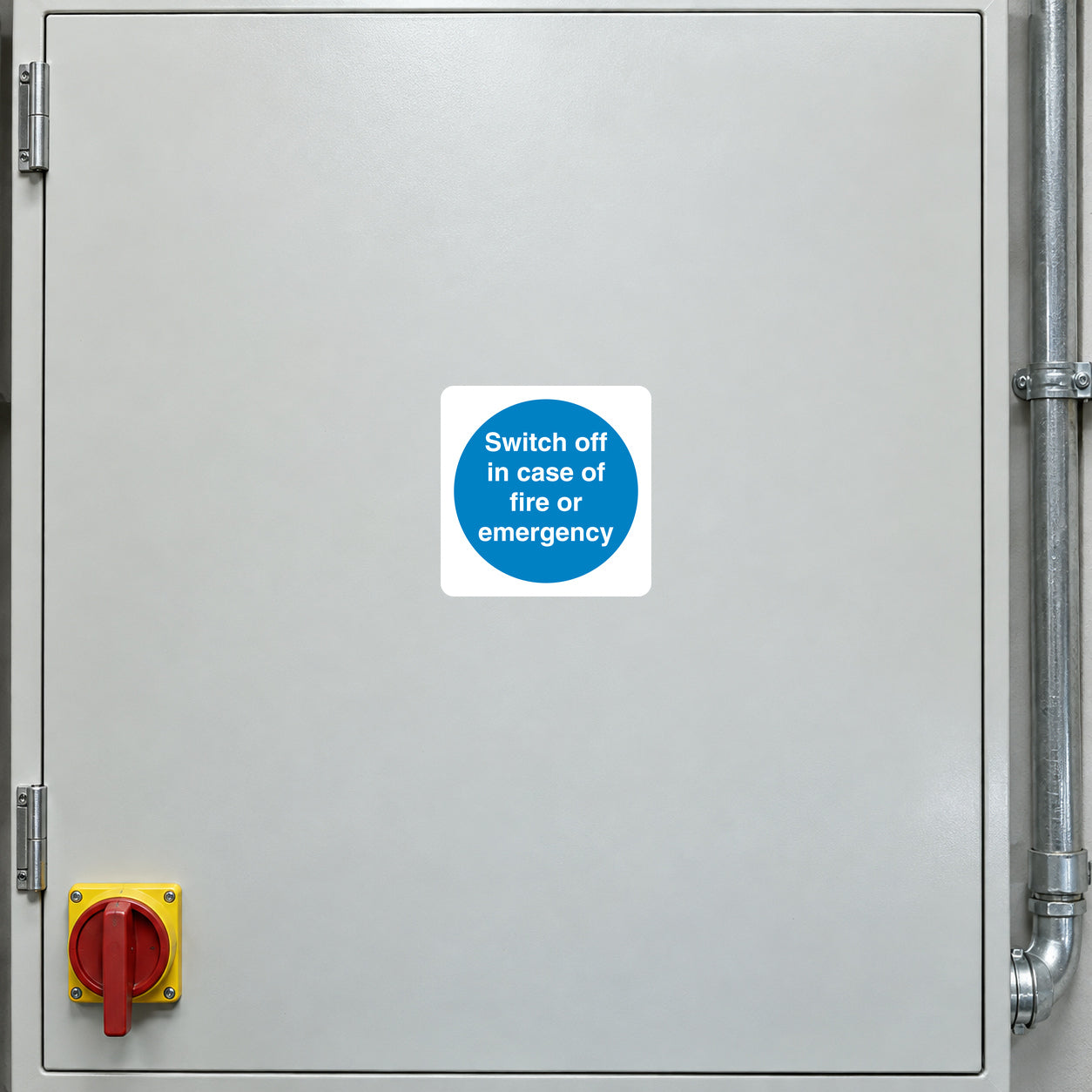 Safety sign sticker, white square with blue circle reading “Switch off in case of fire or emergency”
