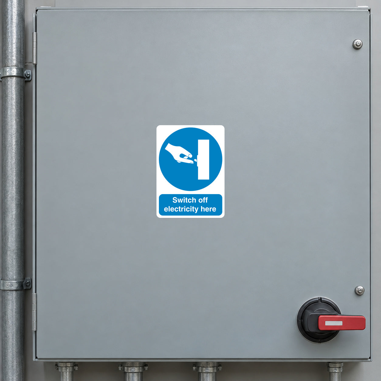 Safety sign sticker with blue icon and text Switch off electricity here.