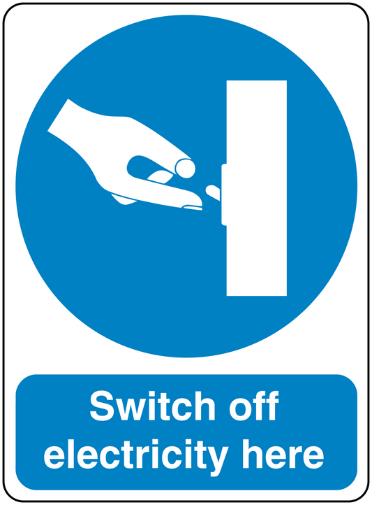 Safety sign sticker with blue circle icon and label reading "Switch off electricity here"