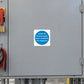 Safety sign sticker: blue circle with white warning text to switch off electrical supply.