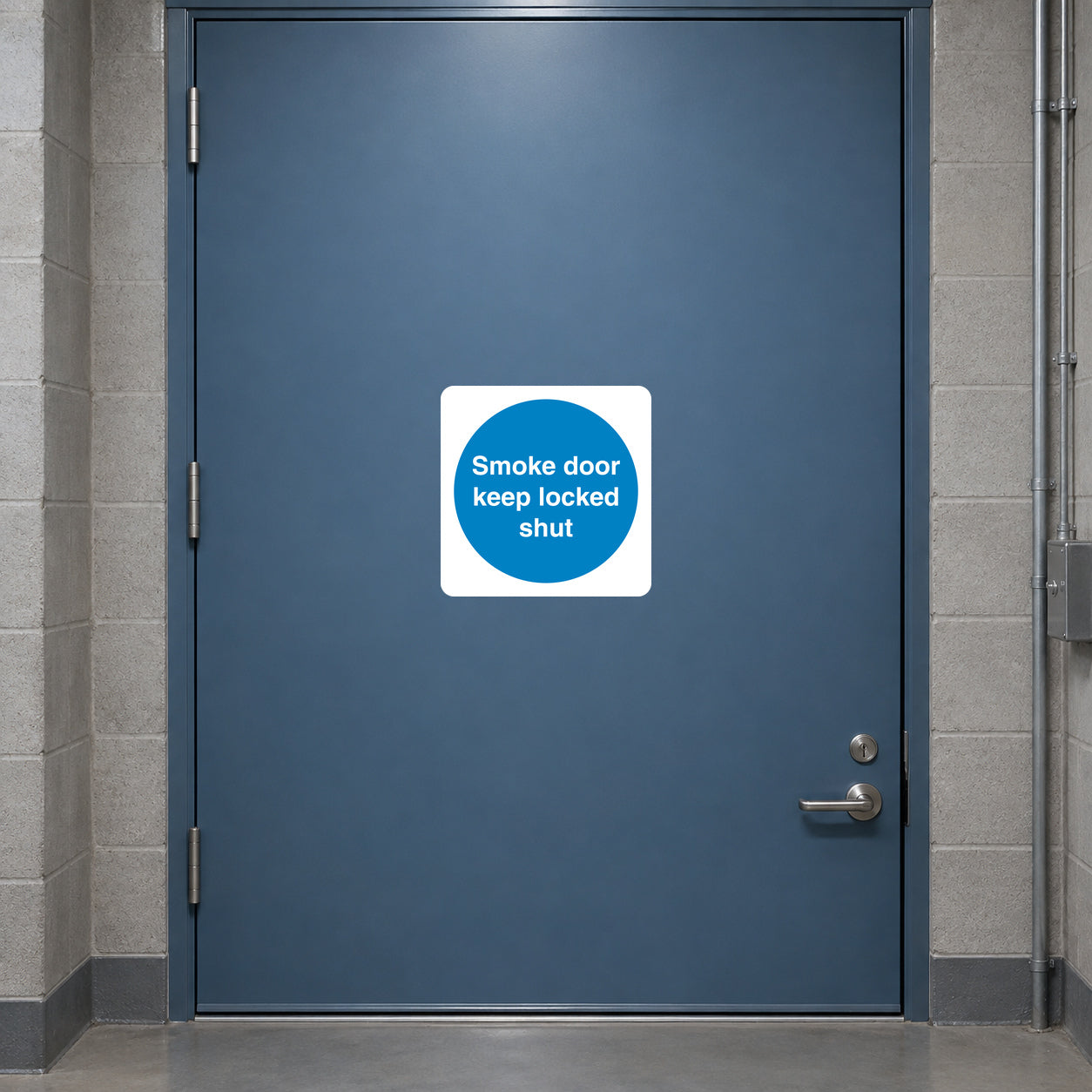 Safety sign sticker with smoke door text: keep locked shut