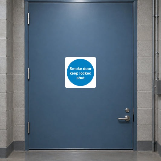 Safety sign sticker with smoke door text: keep locked shut